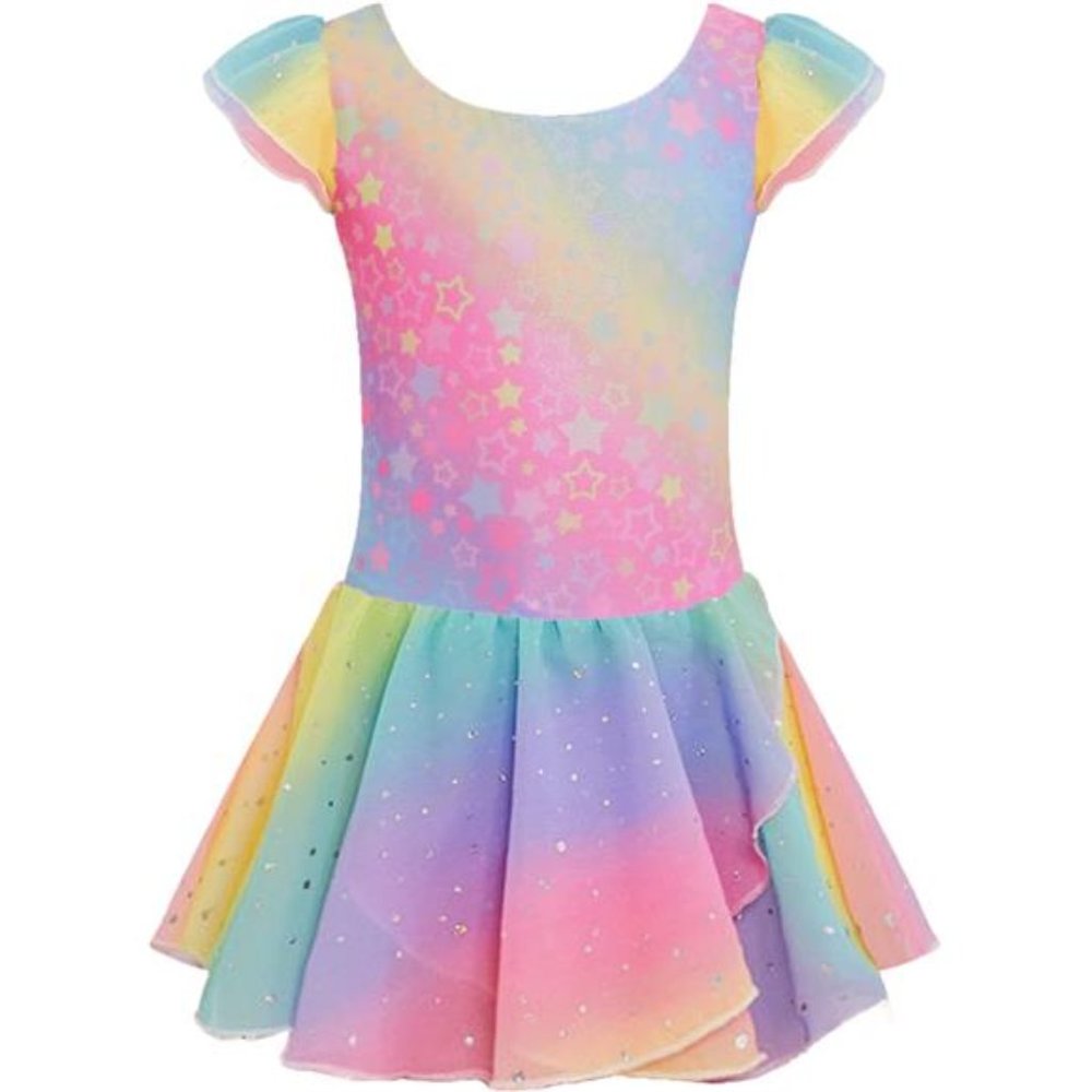 Girls Ruffle Sleeve Ballet Dance Dress Tutu Skirted NEW -